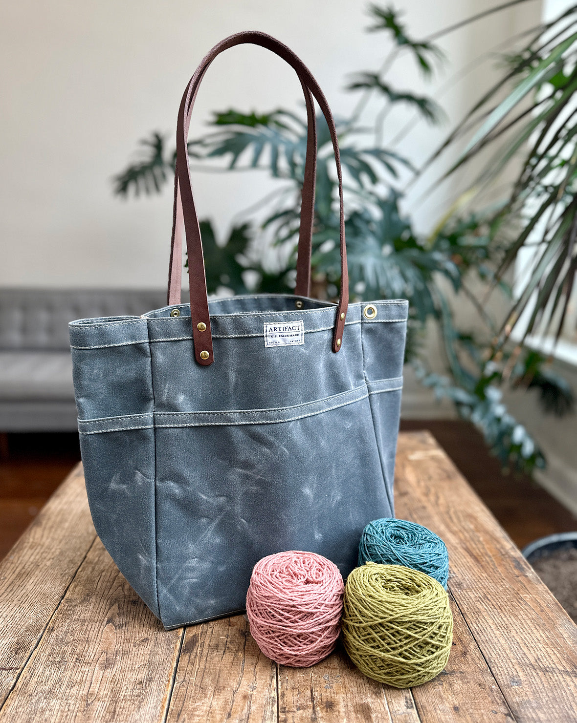 USA製BIRDWELL STONEWASHED COTTON TOTE BAG Knitting & Crochet Project Tote Bag in Waxed Canvas | ARTIFACT