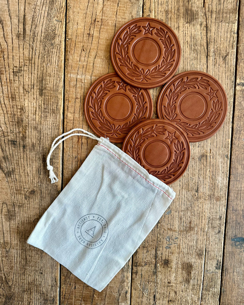 Set of 4 Laurel Wreath Coasters w/ Bag