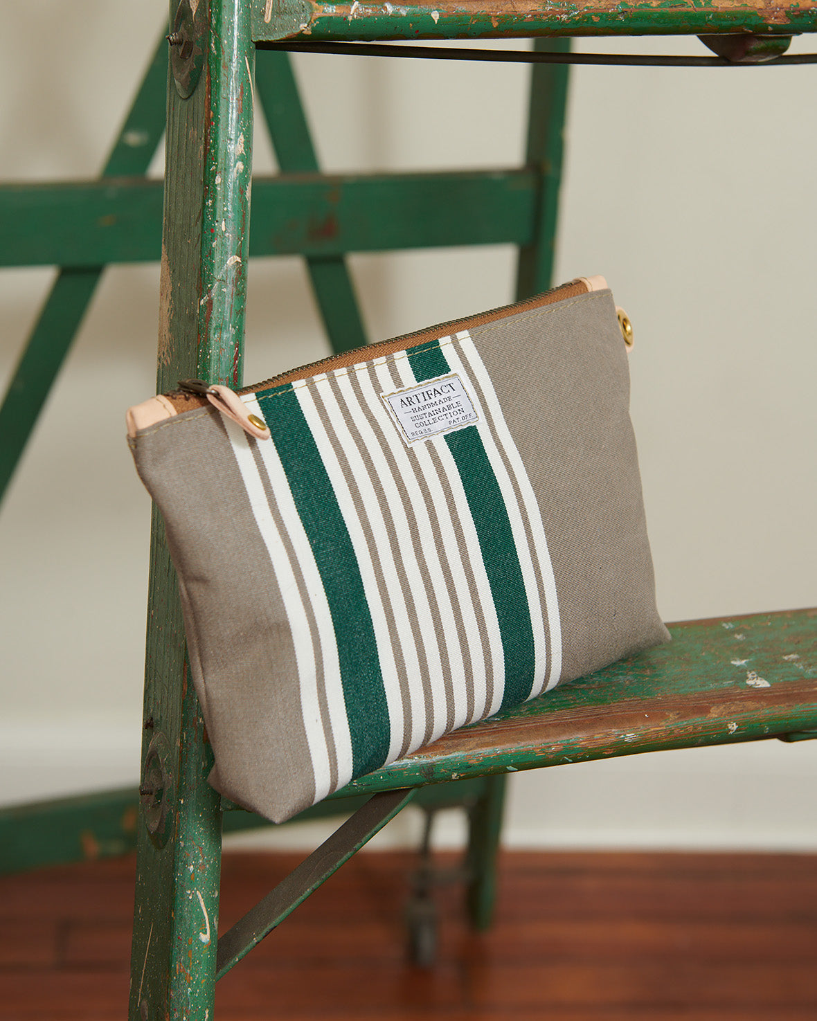 Zip Pouch in Upcycled Awning Cloth - Flax Green Stripe