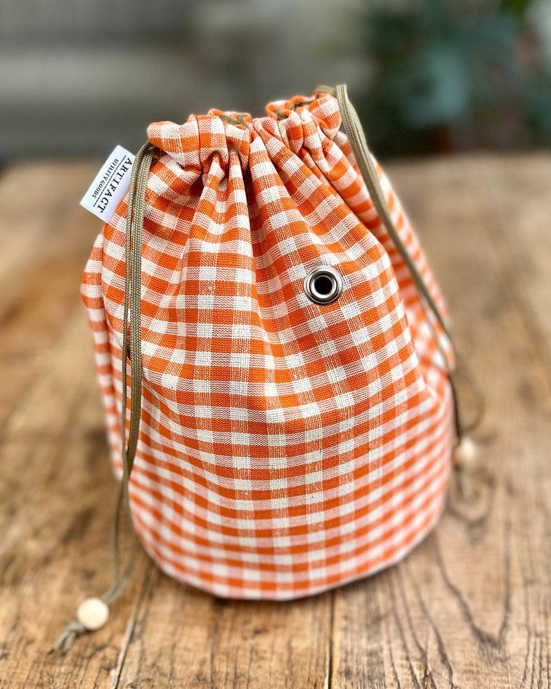 Yarn Skein Sack in Up-Cycled Orange Gingham