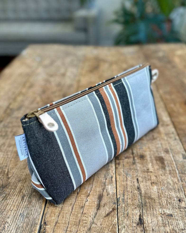 Zip Pouch in Upcycled Vintage Awning - Slate Stripe