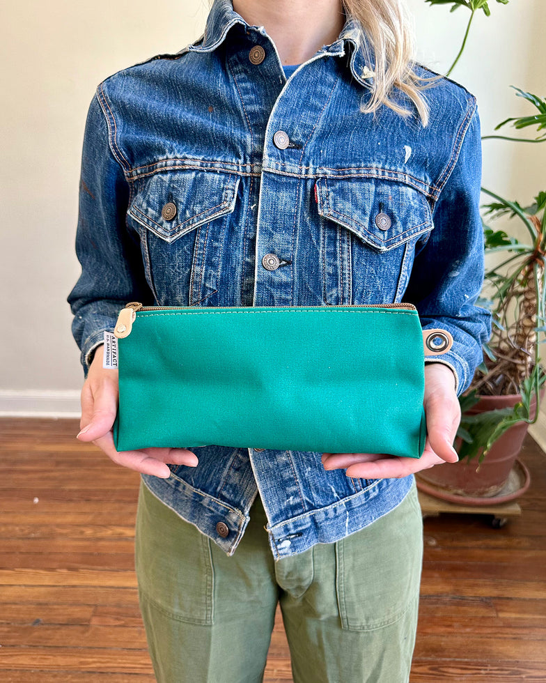 Zip Pouch in Upcycled Vintage Awning Canvas - Teal