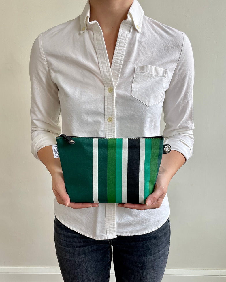 Zip Pouch in Antique Upcycled Awning Cloth - Green Black