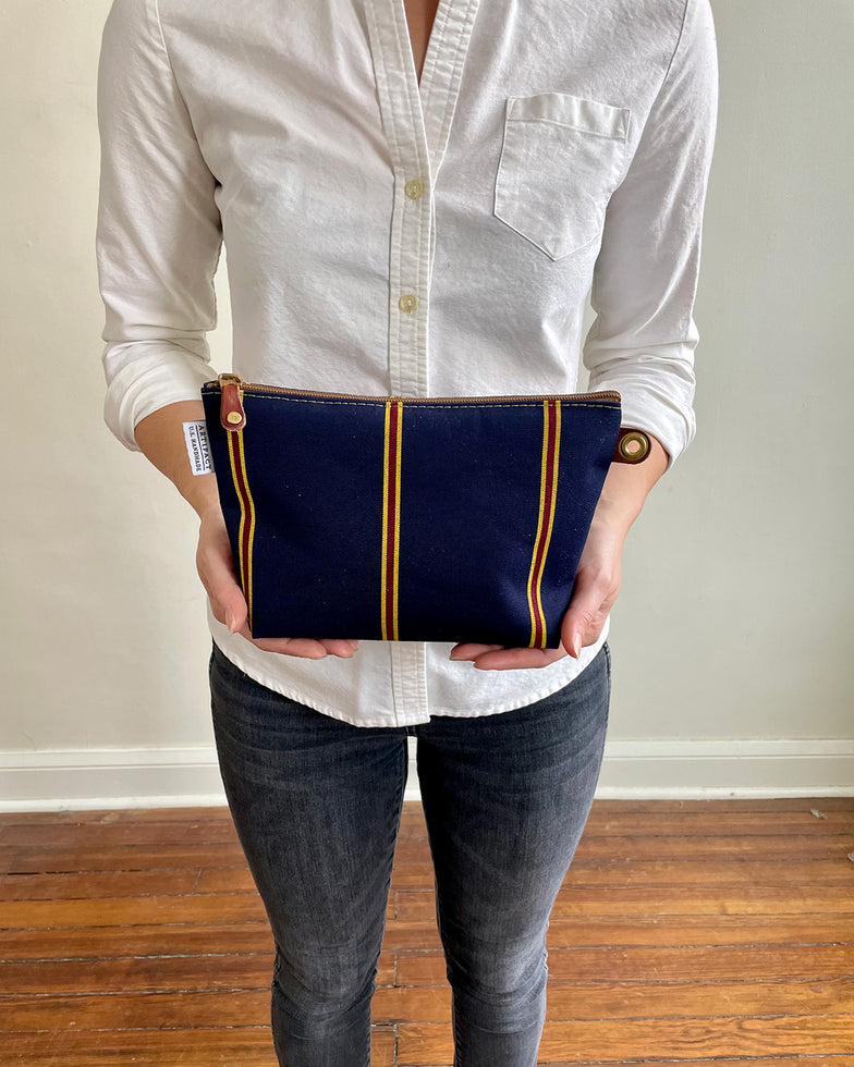 Zip Pouch in Upcycled Awning Cloth - Navy Repp Stripe