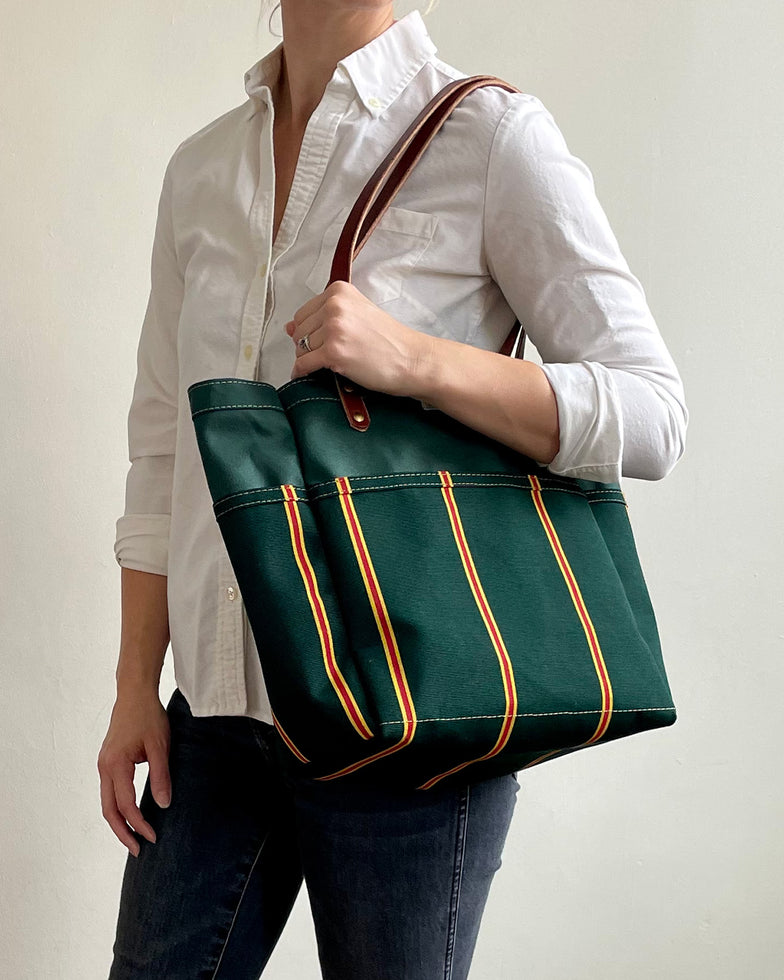 Day Tote in Upcycled Awning Material & Canvas - Green Repp Stripe