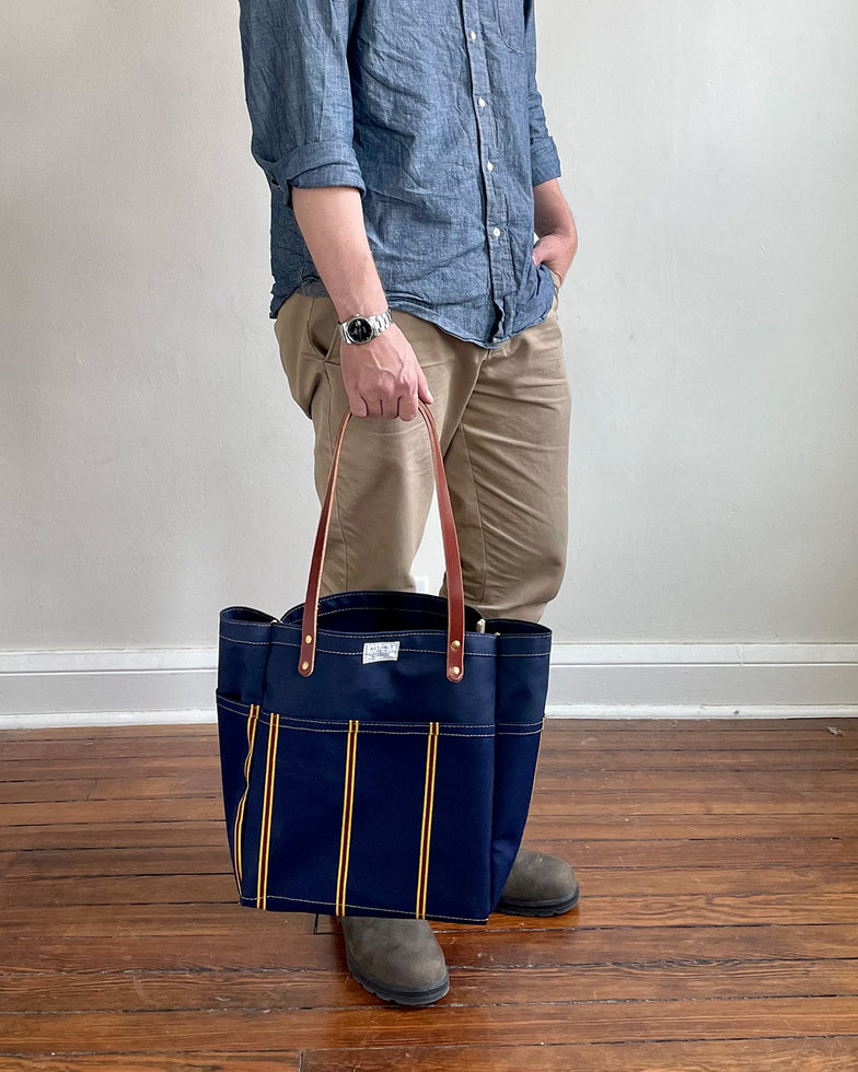 Day Tote in Upcycled Awning Material & Canvas - Navy Repp Stripe